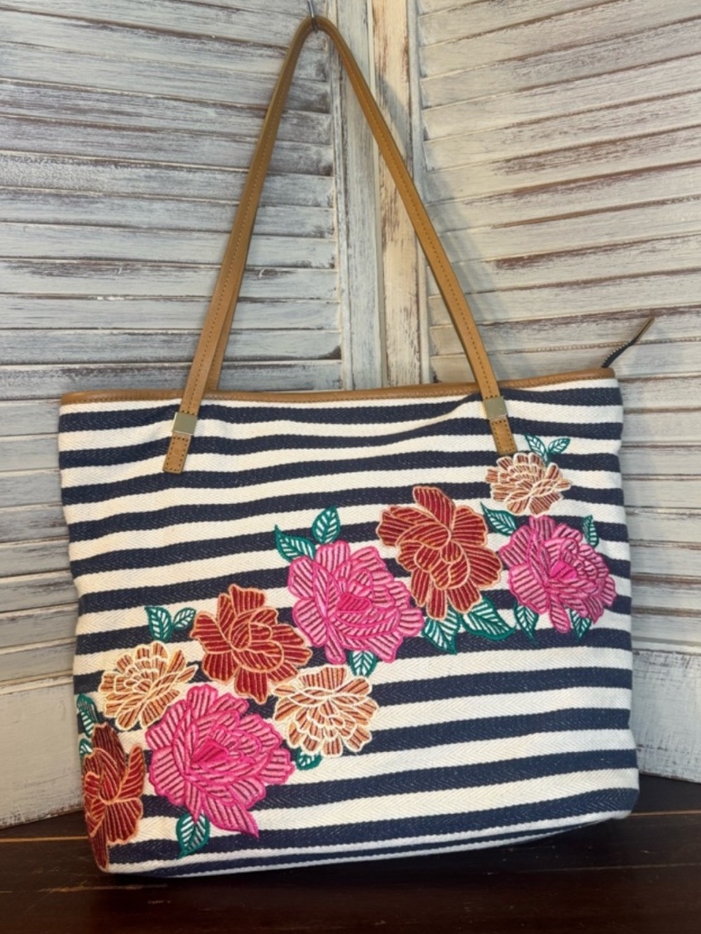 Chico's Navy & White Striped Tote with Pink, Coral & Tan Accents- perfect bag!